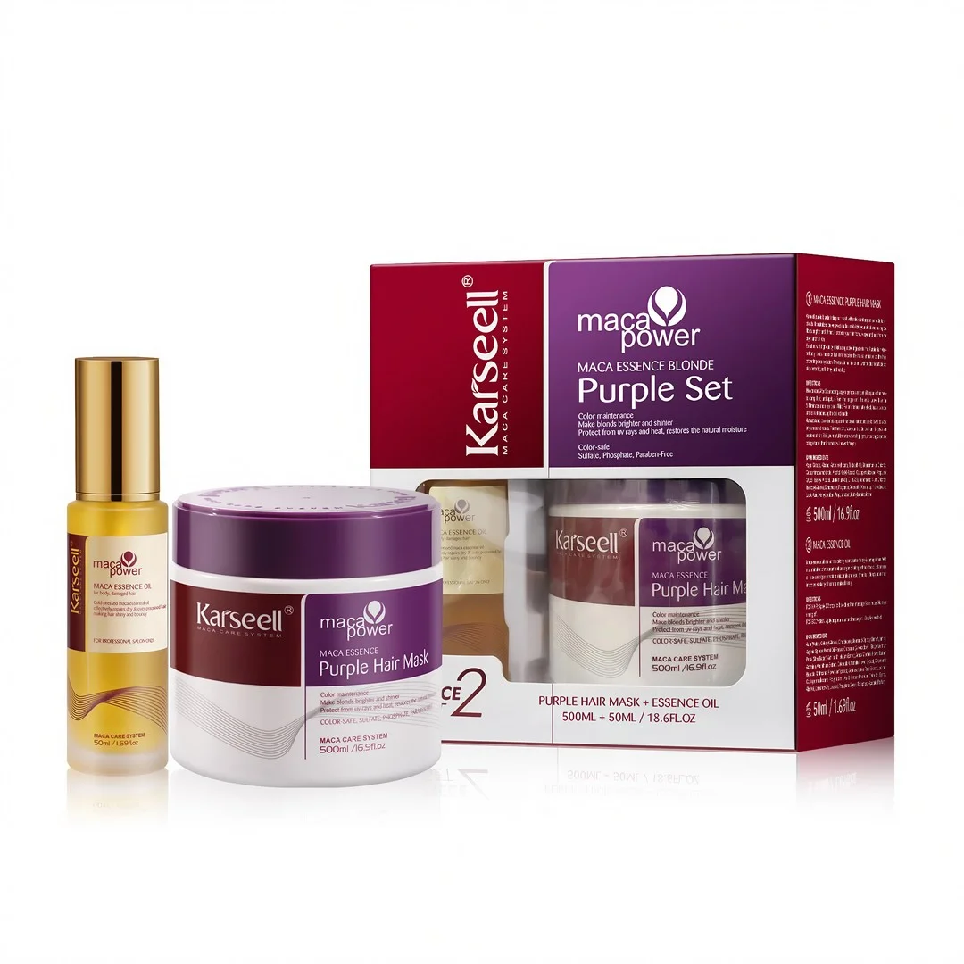 Ingrijire personala - Set Cadou Premium Karseell Mov – Masca Mov pentru Par Blond & Gri cu Ulei de Argan 500 ml + 50 ml – Neutralizare Tonuri Caprui, Hidratare & Strălucire