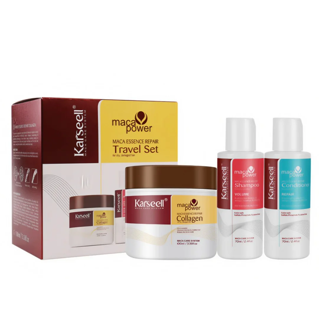 Reduceri/Lichidari de stoc - Set de Călătorie Karseell Maca Essence pentru Repararea Părului ( Șampon, Balsam și Mască cu Colagen pentru Hidratare și Volum) * 240 ml