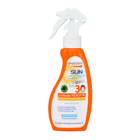 Cosmetice - Spray de protecție solară pentru copii SPF 30 Sun, 200 ml, Gerocossen - protecție UVA/UVB și hidratare cu ulei de argan