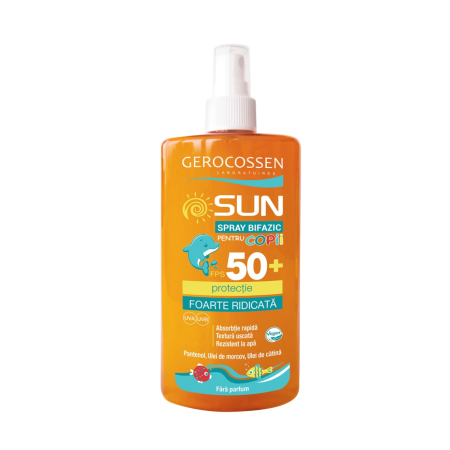 Cosmetice - Spray invizibil bifazic pentru copii SPF 50+ Sun, 300 ml, Gerocossen - protecție UVA/UVB și rezistență la apă