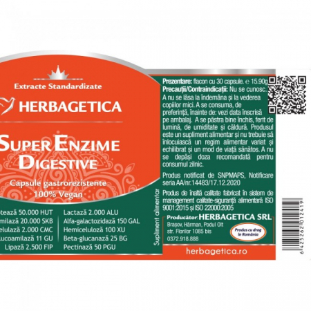 Super Enzime Digestive ( Formulă complexă cu 10 enzime digestive, 4 extracte fitoterapice și un prebiotic) * 30 cps [2]