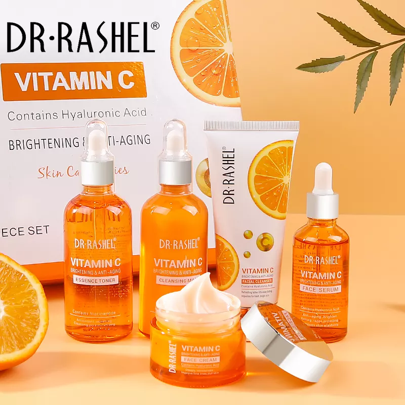 Set 5 Produse Anti - Aging cu Vitamina C, Acid Hialuronic si Niacinamide pentru Luminozitate - Dr. Rashel Vitamin C Brightening Anti Aging Skin Care