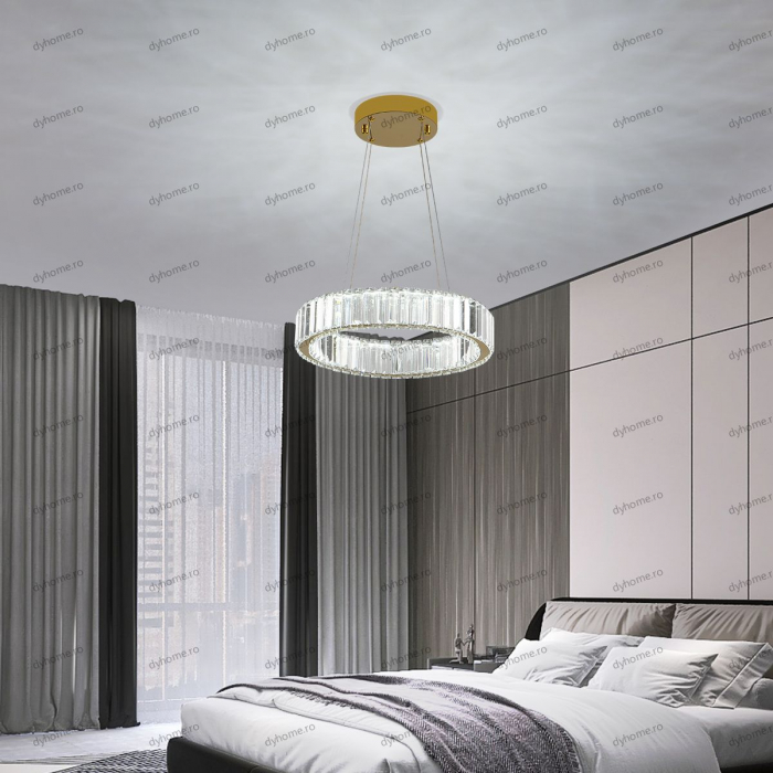 Candelabru LED cristal circular design auriu Diametru 400 mm cu telecomanda, dimabila, 32W [1]