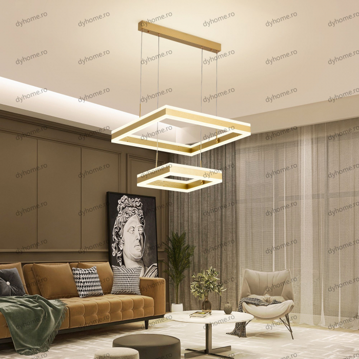 Candelabru LED patrat design auriu cu telecomanda, dimabila, 256W [3]