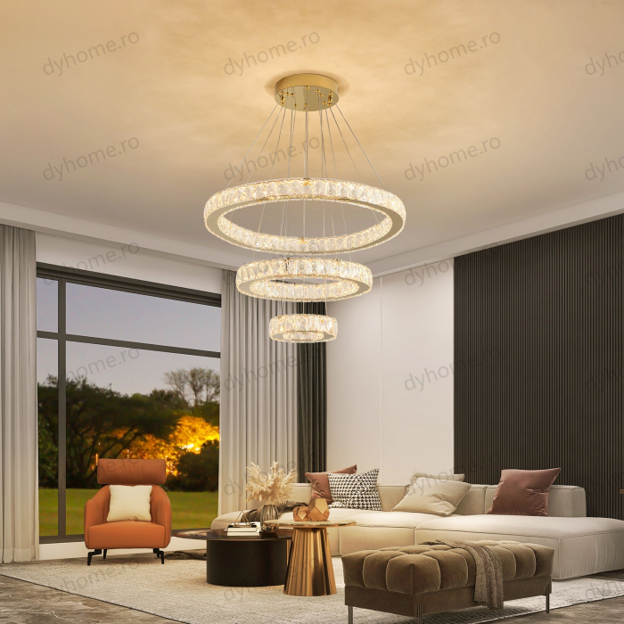 Lustra LED cristale circular design Auriu cu telecomanda, dimabila, 184W [3]