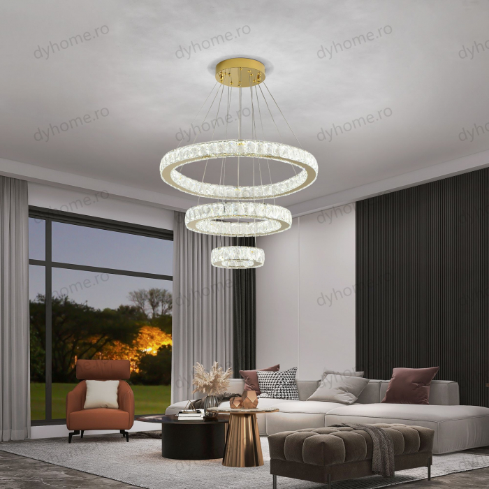 Lustra LED cristale circular design Auriu cu telecomanda, dimabila, 184W [1]