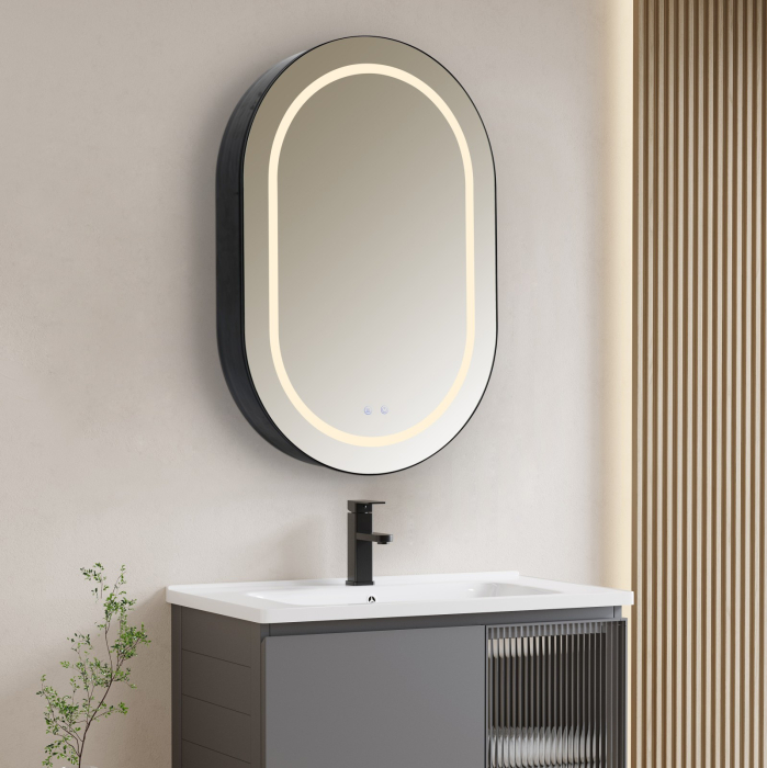 Oglindă Dulap LED Odin ovală 60x90cm, ramă din aluminiu negru, cu dezaburire si touch, 3 tipuri de lumina, IP44, montare perete, ODG5610 [2]