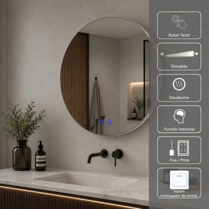 Oglinda LED DY005, Rotunda 60cm, Intrerupator Touch Si Dezaburire, 3 Tipuri De Lumina Si Dimabila, Rama din Acril [4]
