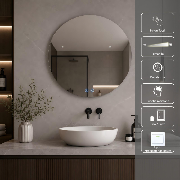 Oglinda LED DY006, Rotunda 60cm, Intrerupator Touch Si Dezaburire, 3 Tipuri De Lumina Si Dimabila [3]