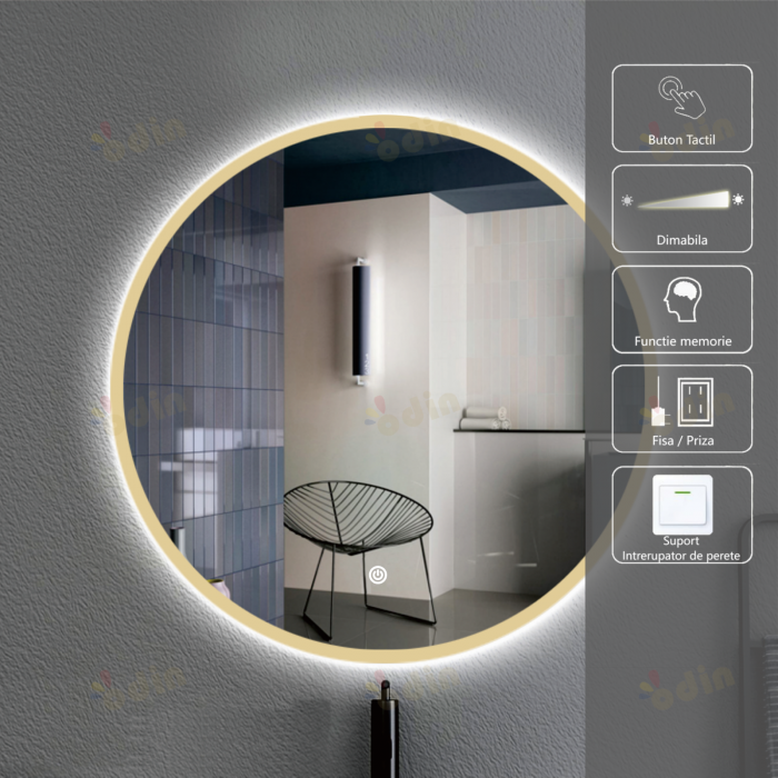 Oglinda LED DY006X, Rotunda 60cm, Intrerupator Touch, 3 Tipuri De Lumina Si Dimabila, Margine Mata din Auriu [1]