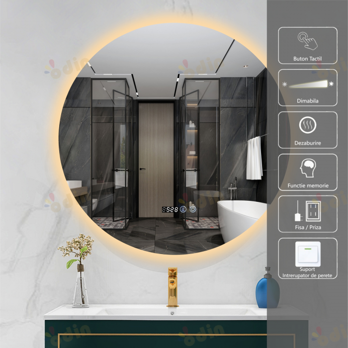 Oglinda LED DY007-80, Rotunda 80cm,  Intrerupator Touch, Dezaburire si Ceas, 3 Tipuri De Lumina Si Dimabila [1]