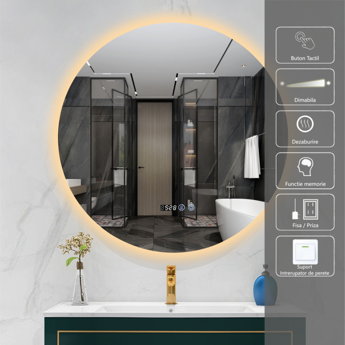 Oglinda LED DY007T, Rotunda 70cm, Intrerupator Touch, Dezaburire si Ceas, 3 Tipuri De Lumina Si Dimabila [2]