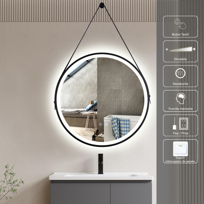 Oglinda LED DY009, Rotunda 60cm, Intrerupator Touch Si Dezaburire, 3 Tipuri De Lumina Si Dimabila, Rama Negru Si Curea Piele [2]