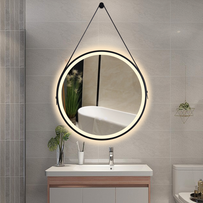 Oglinda LED DY009, Rotunda 60cm, Intrerupator Touch Si Dezaburire, 3 Tipuri De Lumina Si Dimabila, Rama Negru Si Curea Piele [4]