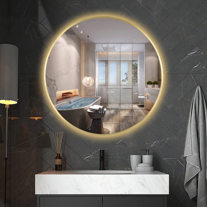 Oglinda LED DY010A, Rotunda 70cm, Intrerupator Touch, Dezaburire si Ceas, 3 Tipuri De Lumina Si Dimabila, Rama din Aluminiu Auriu [4]