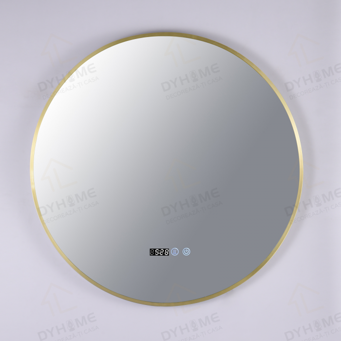 Oglinda LED DY010A, Rotunda 70cm, Intrerupator Touch, Dezaburire si Ceas, 3 Tipuri De Lumina Si Dimabila, Rama din Aluminiu Auriu [7]