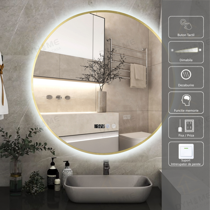 Oglinda LED DY010A, Rotunda 70cm, Intrerupator Touch, Dezaburire si Ceas, 3 Tipuri De Lumina Si Dimabila, Rama din Aluminiu Auriu [1]