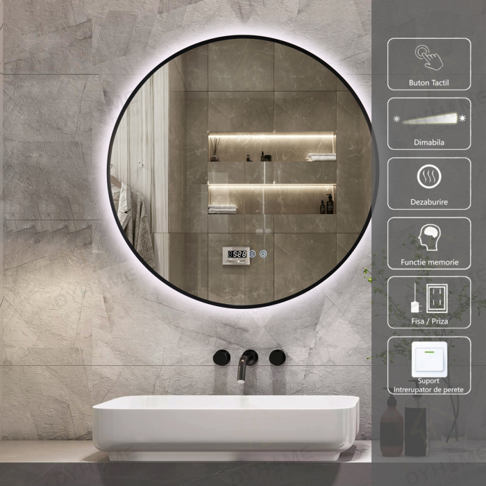Oglinda LED DY010N, Rotunda 70cm, Intrerupator Touch, Dezaburire si Ceas, 3 Tipuri De Lumina Si Dimabila, Rama din Aluminiu Negru [1]