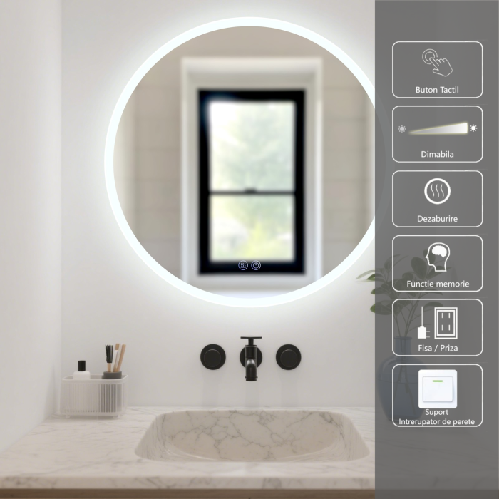 Oglinda LED DY012, Rotunda 60cm, Intrerupator Touch Si Dezaburire, 3 Tipuri De Lumina Si Dimabila, Margine Mata [2]