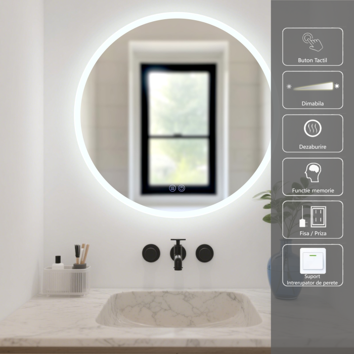 Oglinda LED DY013, Rotunda 70cm, Intrerupator Touch Si Dezaburire, 3 Tipuri De Lumina Si Dimabila, Margine Mata [2]