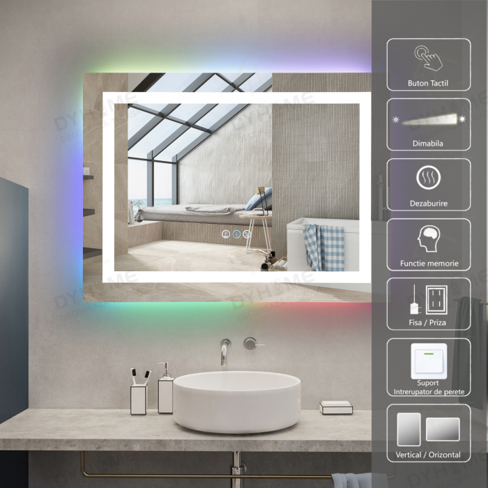 Oglinda LED DY014RGB, 80x60, Intrerupator Touch Si Dezaburire, 3 Tipuri De Lumina Si Dimabila [1]