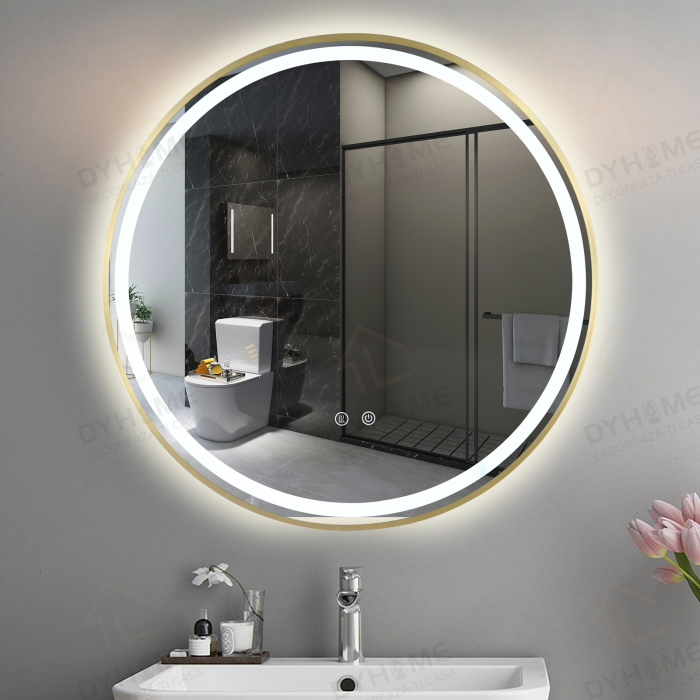 Oglinda LED DY016A, Rotunda 70cm, Intrerupator Touch Si Dezaburire, 3 Tipuri De Lumina Si Dimabila, Rama din Aluminiu Auriu [2]
