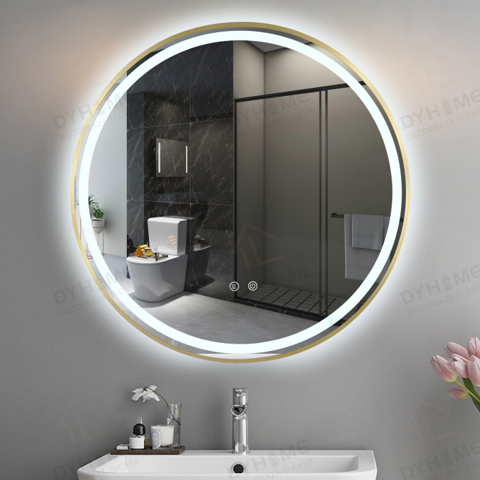 Oglinda LED DY016A, Rotunda 70cm, Intrerupator Touch Si Dezaburire, 3 Tipuri De Lumina Si Dimabila, Rama din Aluminiu Auriu [3]