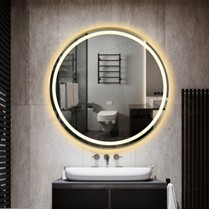 Oglinda LED DY016A, Rotunda 70cm, Intrerupator Touch Si Dezaburire, 3 Tipuri De Lumina Si Dimabila, Rama din Aluminiu Auriu [4]