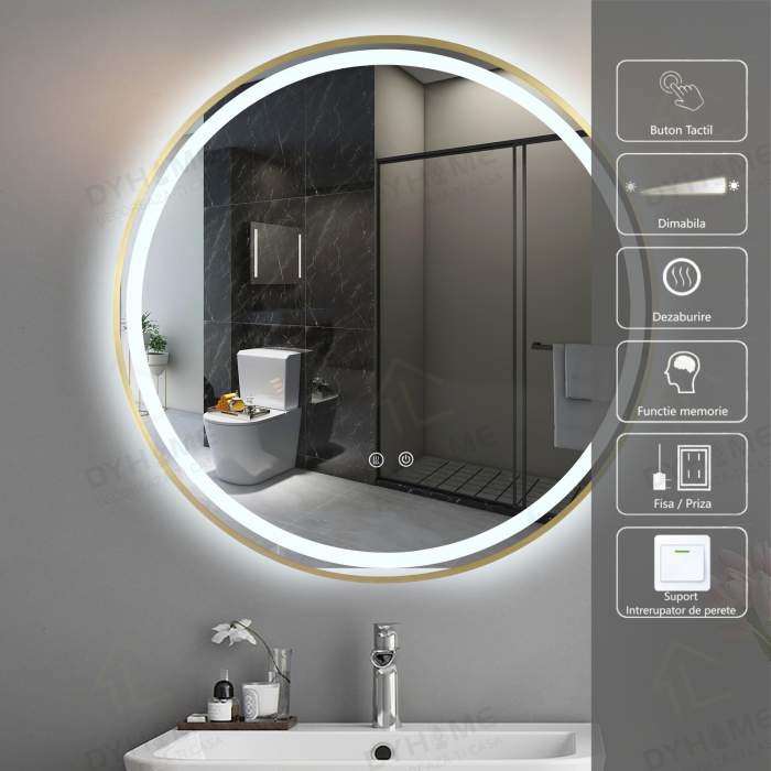Oglinda LED DY016A, Rotunda 70cm, Intrerupator Touch Si Dezaburire, 3 Tipuri De Lumina Si Dimabila, Rama din Aluminiu Auriu [1]