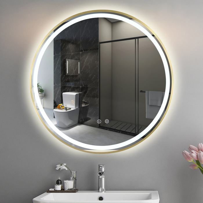 Oglinda LED DY016A, Rotunda 70cm, Intrerupator Touch Si Dezaburire, 3 Tipuri De Lumina Si Dimabila, Rama din Aluminiu Auriu [5]