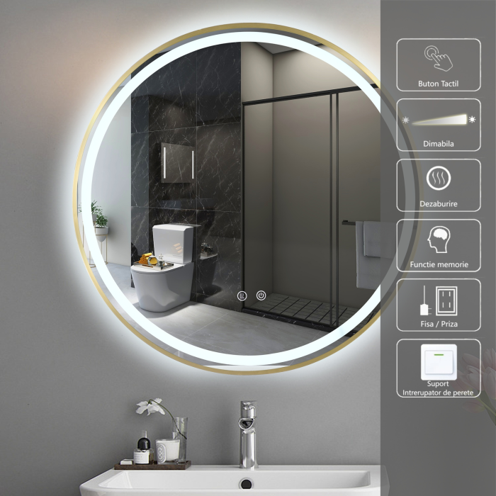 Oglinda LED DY016A, Rotunda 70cm, Intrerupator Touch Si Dezaburire, 3 Tipuri De Lumina Si Dimabila, Rama din Aluminiu Auriu [2]