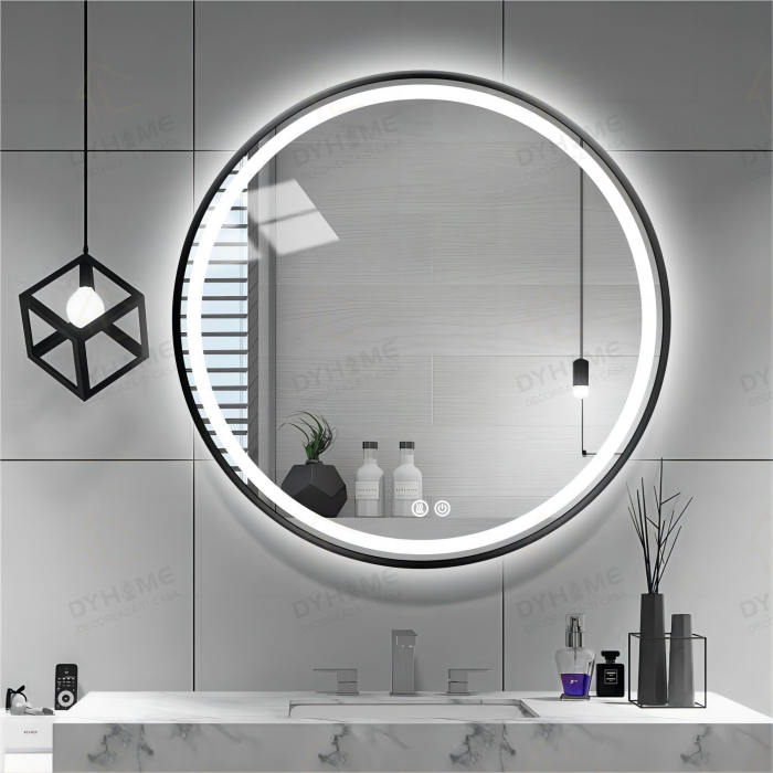 Oglinda LED DY016N, Rotunda 70cm, Intrerupator Touch Si Dezaburire, 3 Tipuri De Lumina Si Dimabila, Rama din Aluminiu Negru [3]