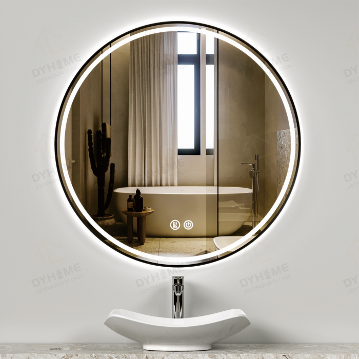 Oglinda LED DY016N, Rotunda 70cm, Intrerupator Touch Si Dezaburire, 3 Tipuri De Lumina Si Dimabila, Rama din Aluminiu Negru [2]