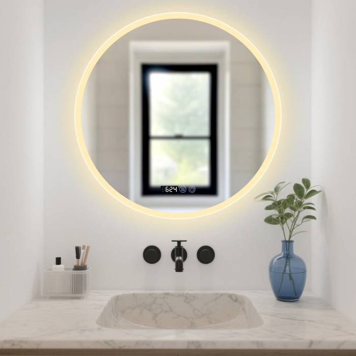 Oglinda LED DY017, Rotunda 80cm,  Intrerupator Touch, Dezaburire si Ceas, 3 Tipuri De Lumina Si Dimabila, Margine Mata [3]