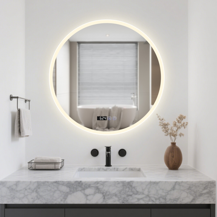 Oglinda LED DY017, Rotunda 80cm,  Intrerupator Touch, Dezaburire si Ceas, 3 Tipuri De Lumina Si Dimabila, Margine Mata [4]