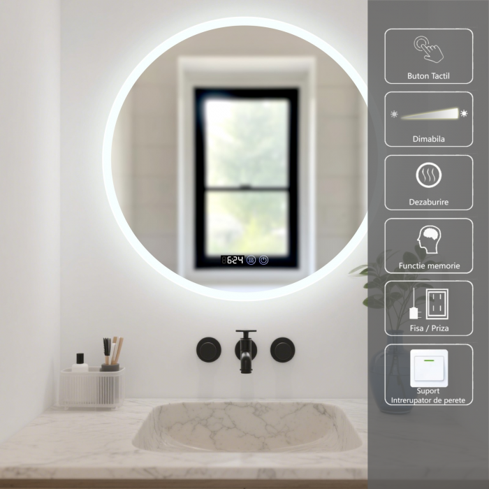 Oglinda LED DY017, Rotunda 80cm,  Intrerupator Touch, Dezaburire si Ceas, 3 Tipuri De Lumina Si Dimabila, Margine Mata [1]