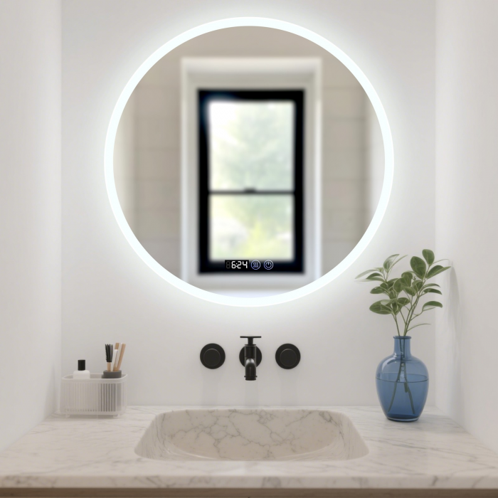Oglinda LED DY017, Rotunda 80cm,  Intrerupator Touch, Dezaburire si Ceas, 3 Tipuri De Lumina Si Dimabila, Margine Mata [2]