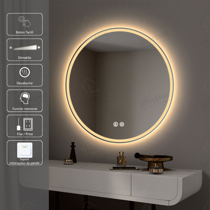 Oglinda LED DY019, Rotunda 70cm, Intrerupator Touch Si Dezaburire, 3 Tipuri De Lumina Si Dimabila, Margine Mata [1]