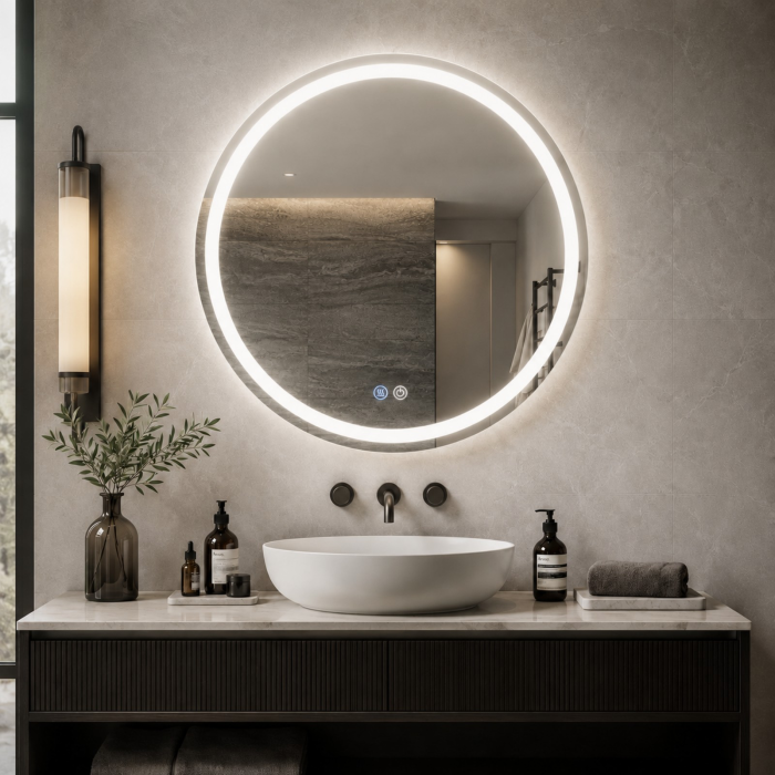 Oglinda LED DY019, Rotunda 70cm, Intrerupator Touch Si Dezaburire, 3 Tipuri De Lumina Si Dimabila, Margine Mata [6]