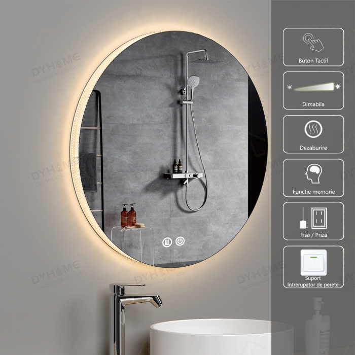 Oglinda LED DY025, Rotunda 70cm, Intrerupator Touch Si Dezaburire, 3 Tipuri De Lumina Si Dimabila, Rama din Acril [1]