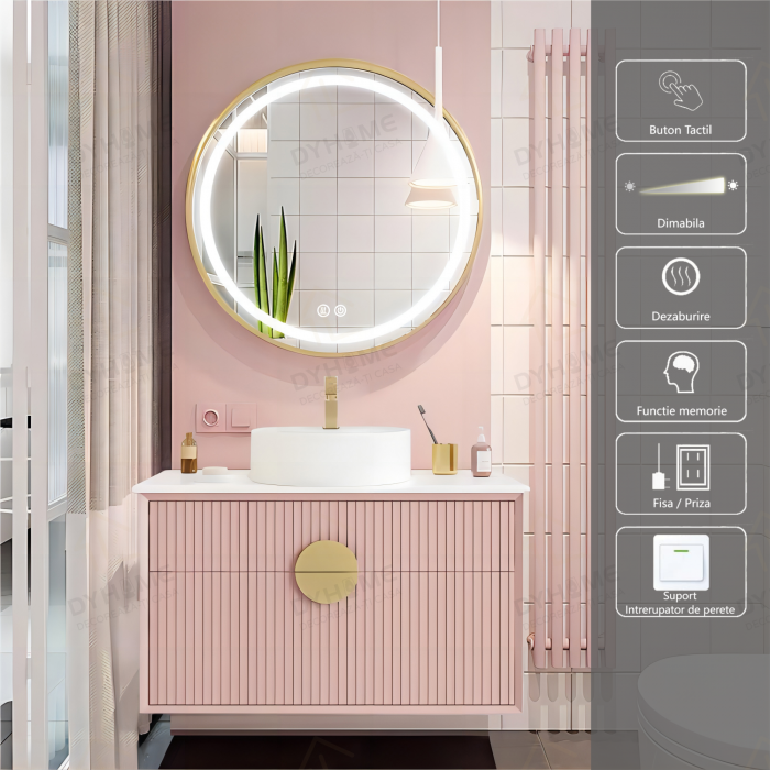 Oglinda LED DY027, Rotunda 70cm, Intrerupator Touch Si Dezaburire, 3 Tipuri De Lumina Si Dimabila,  Rama din Aluminiu Auriu [1]
