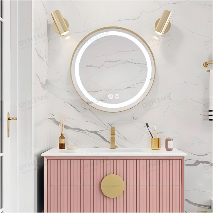 Oglinda LED DY027, Rotunda 70cm, Intrerupator Touch Si Dezaburire, 3 Tipuri De Lumina Si Dimabila,  Rama din Aluminiu Auriu [2]