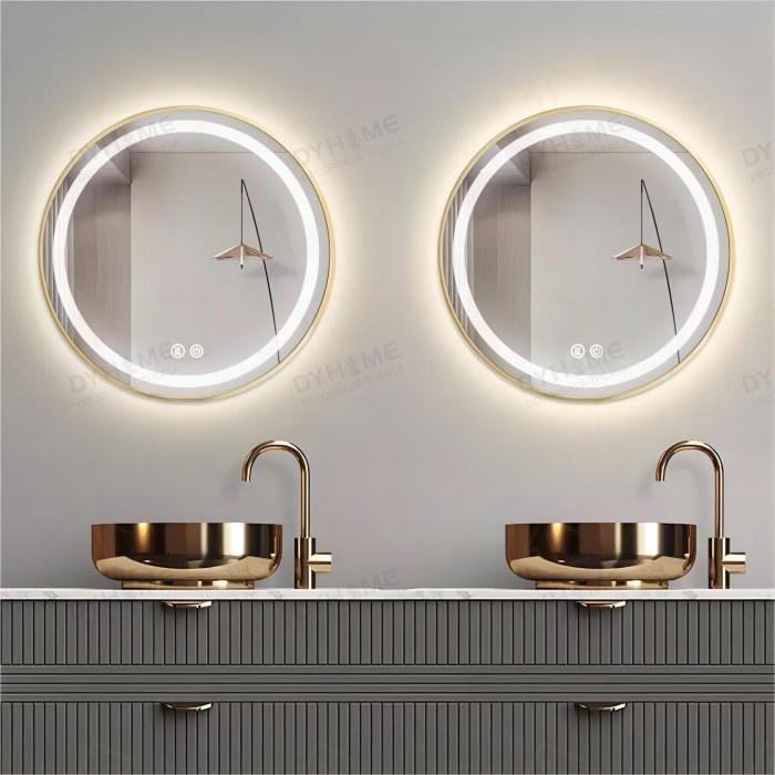 Oglinda LED DY027, Rotunda 70cm, Intrerupator Touch Si Dezaburire, 3 Tipuri De Lumina Si Dimabila,  Rama din Aluminiu Auriu [3]