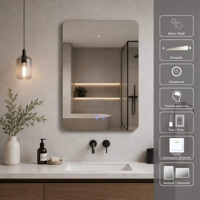 Oglinda LED DY030, 50x70, Intrerupator Touch Si Dezaburire, 3 Tipuri De Lumina Si Dimabila [3]