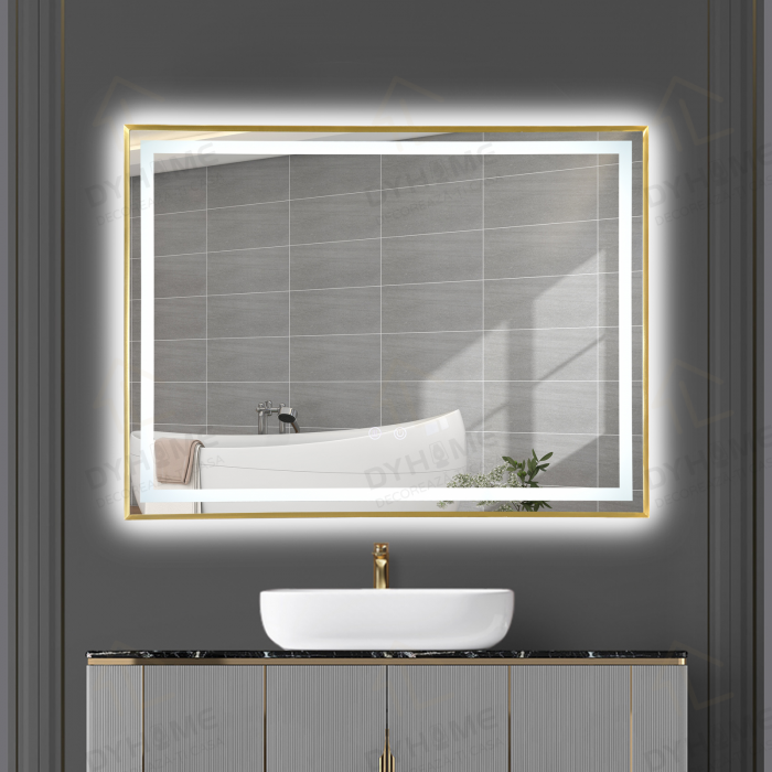 Oglinda LED DY033A, 80x60, Intrerupator Touch Si Dezaburire , 3 Tipuri De Lumina Si Dimabila, Rama din Aluminiu Auriu [2]