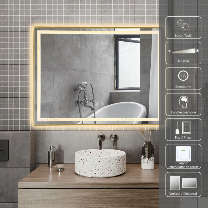 Oglinda LED DY033A, 80x60, Intrerupator Touch Si Dezaburire , 3 Tipuri De Lumina Si Dimabila, Rama din Aluminiu Auriu [1]