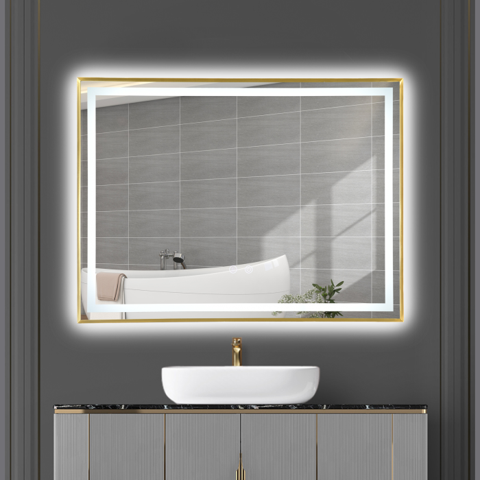 Oglinda LED DY033A, 80x60, Intrerupator Touch Si Dezaburire , 3 Tipuri De Lumina Si Dimabila, Rama din Aluminiu Auriu [5]