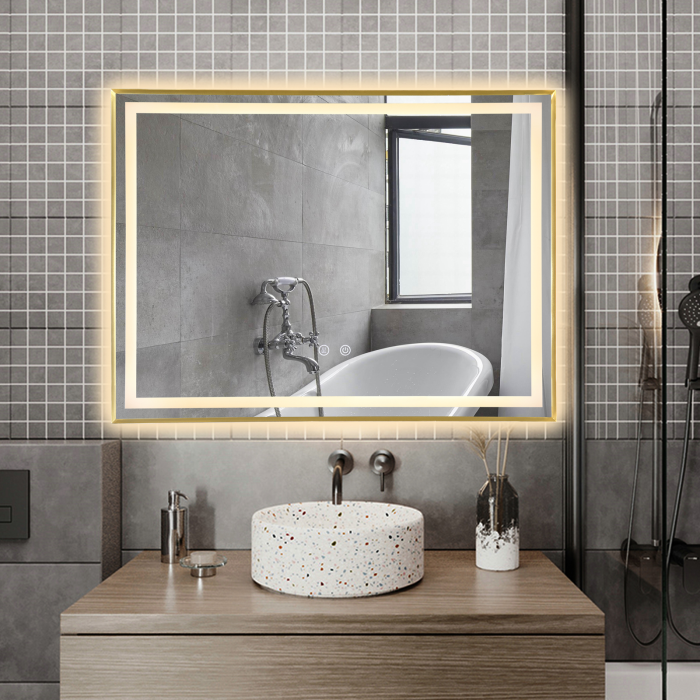 Oglinda LED DY033A, 80x60, Intrerupator Touch Si Dezaburire , 3 Tipuri De Lumina Si Dimabila, Rama din Aluminiu Auriu [4]