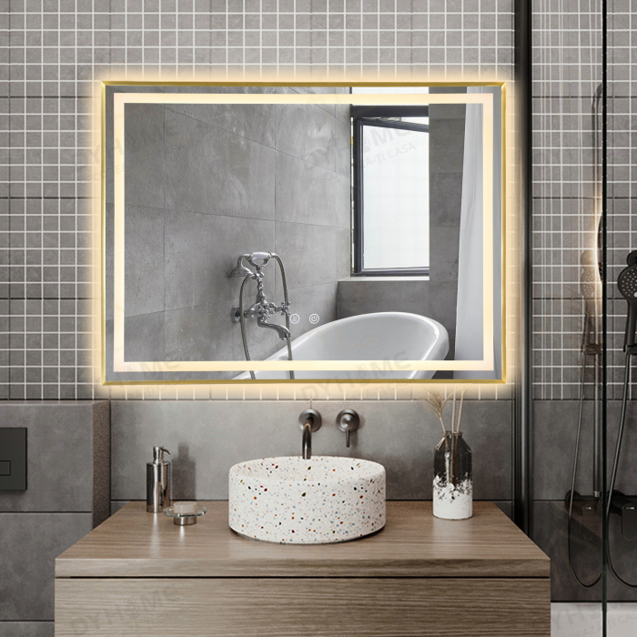 Oglinda LED DY033A, 80x60, Intrerupator Touch Si Dezaburire , 3 Tipuri De Lumina Si Dimabila, Rama din Aluminiu Auriu [3]