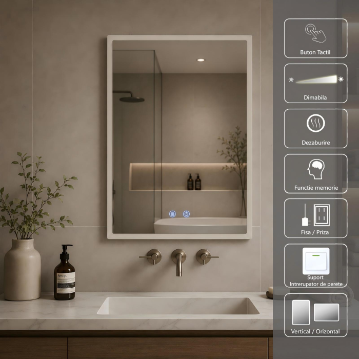 Oglinda LED DY035, 60x80, Intrerupator Touch Si Dezaburire, 3 Tipuri De Lumina Si Dimabila, Margine Mata [3]